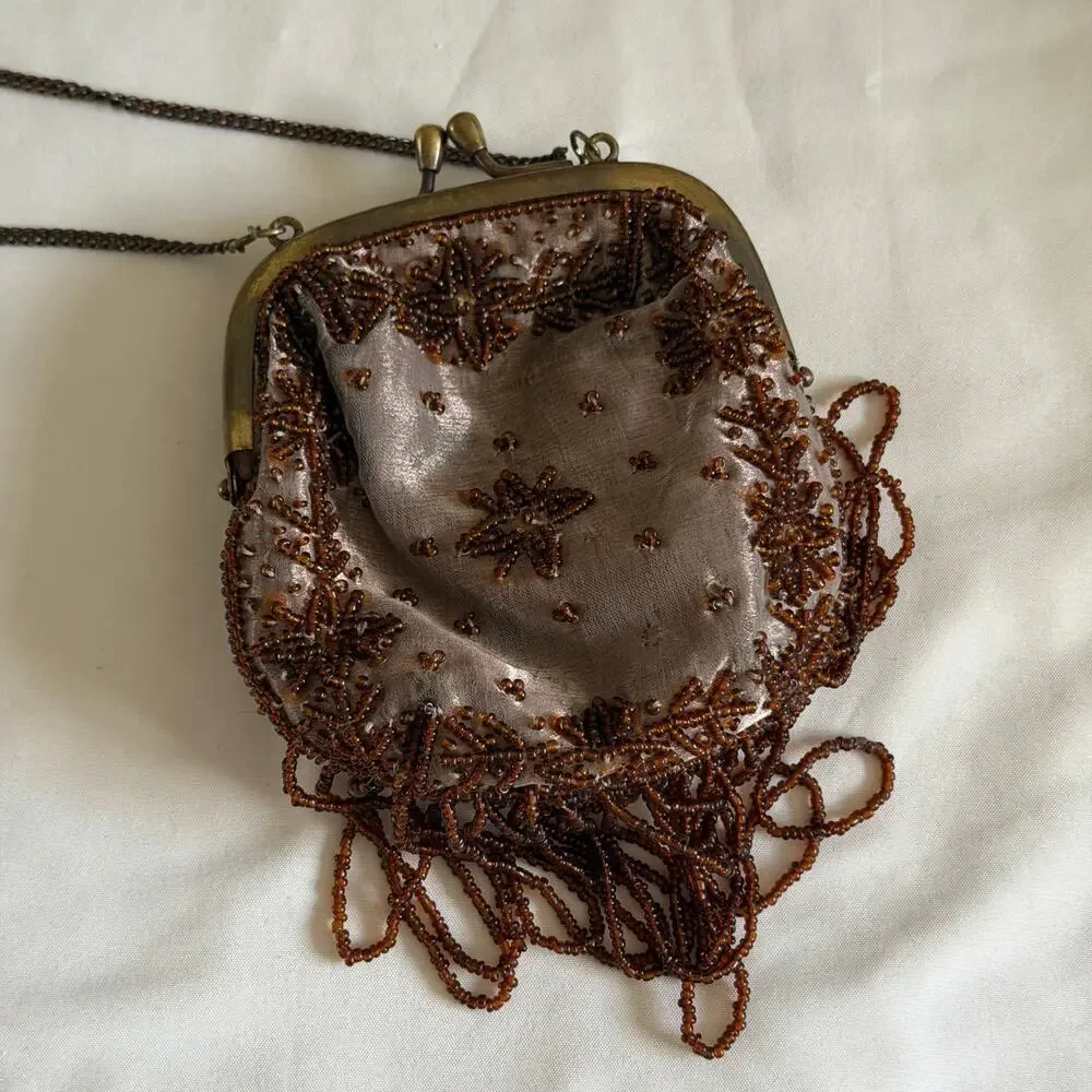 Vtg Brown Beaded Crossbody Mini Coin Purse Event Wedding Guest Silk Renaissance